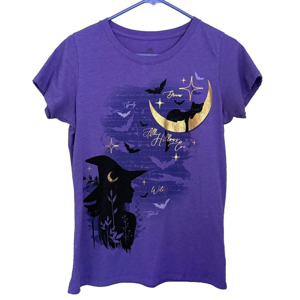 Purple Gold Halloween Tee Top M All Hallows Eve Witch Black Cat Moon Whimsigoth